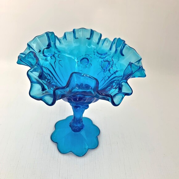Fenton Blue Glass Compote Cabbage Rose Vintage 60s Mid Century Colonial - Picture 2 of 6